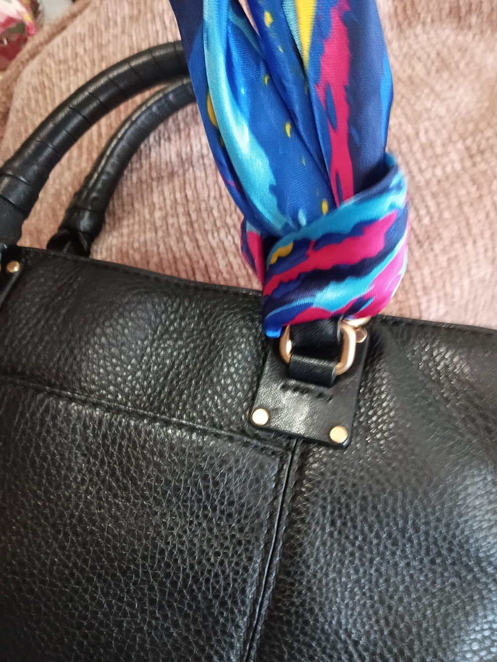 Rebecca Minkoff Black Pebbled Leather Satchel with Blue Multi-Color Scarf - Picture 4 of 16